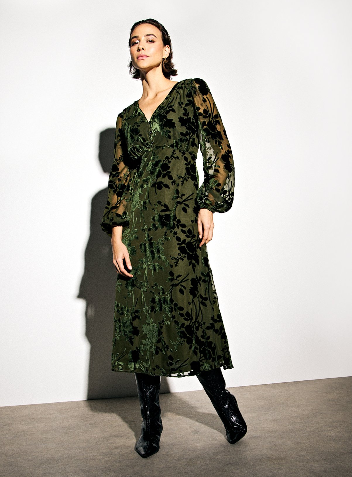 Green Floral Velvet Midaxi Tea Dress 