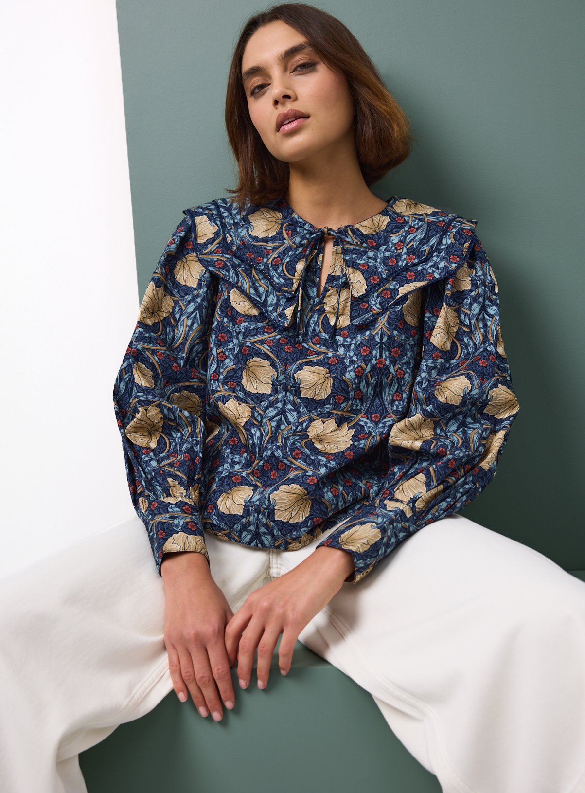 Tu x Morris & Co. Navy Pimpernel Print Poplin Cape Blouse 16