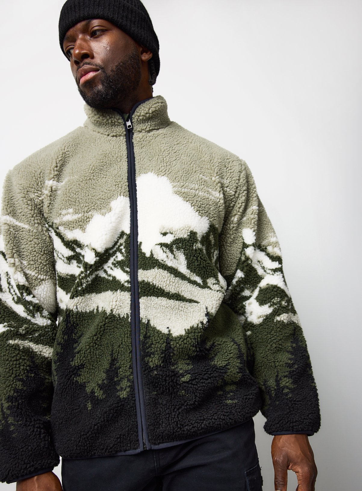 Green Scenic Print Borg Fleece Zip Through Jacket XXXL