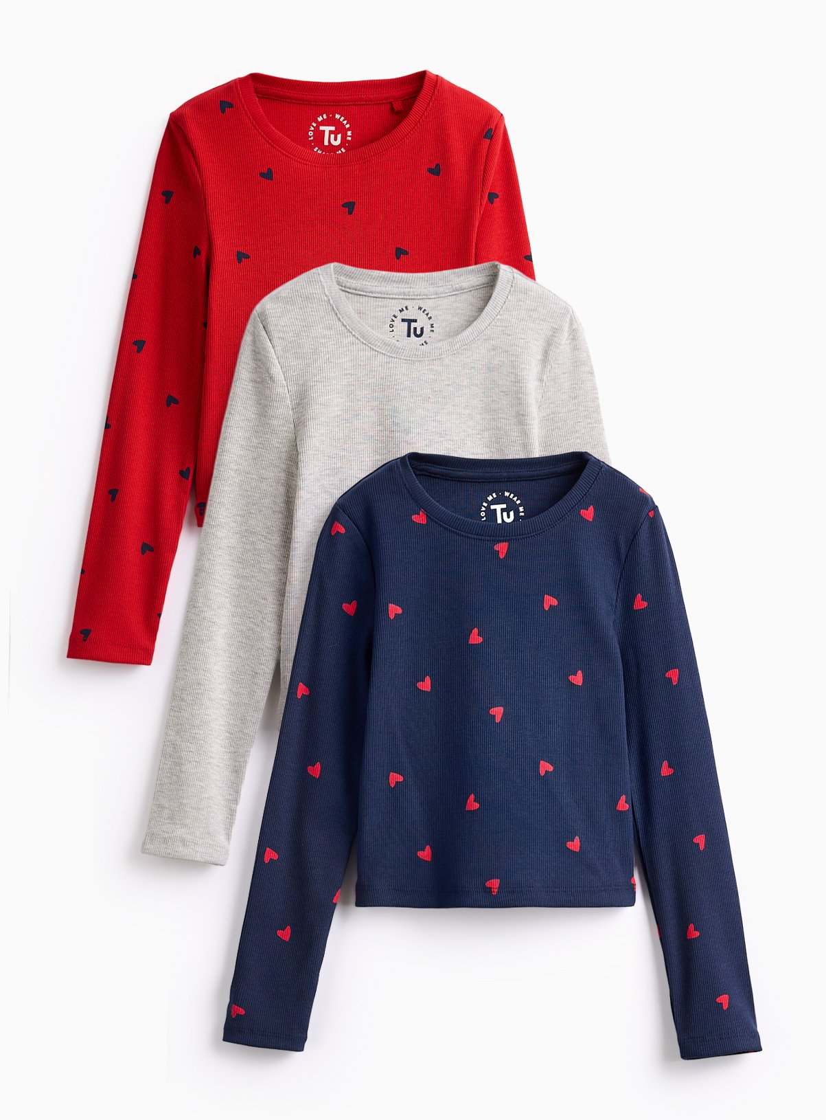 Heart Print Ribbed Long Sleeve T-Shirts 3 Pack 