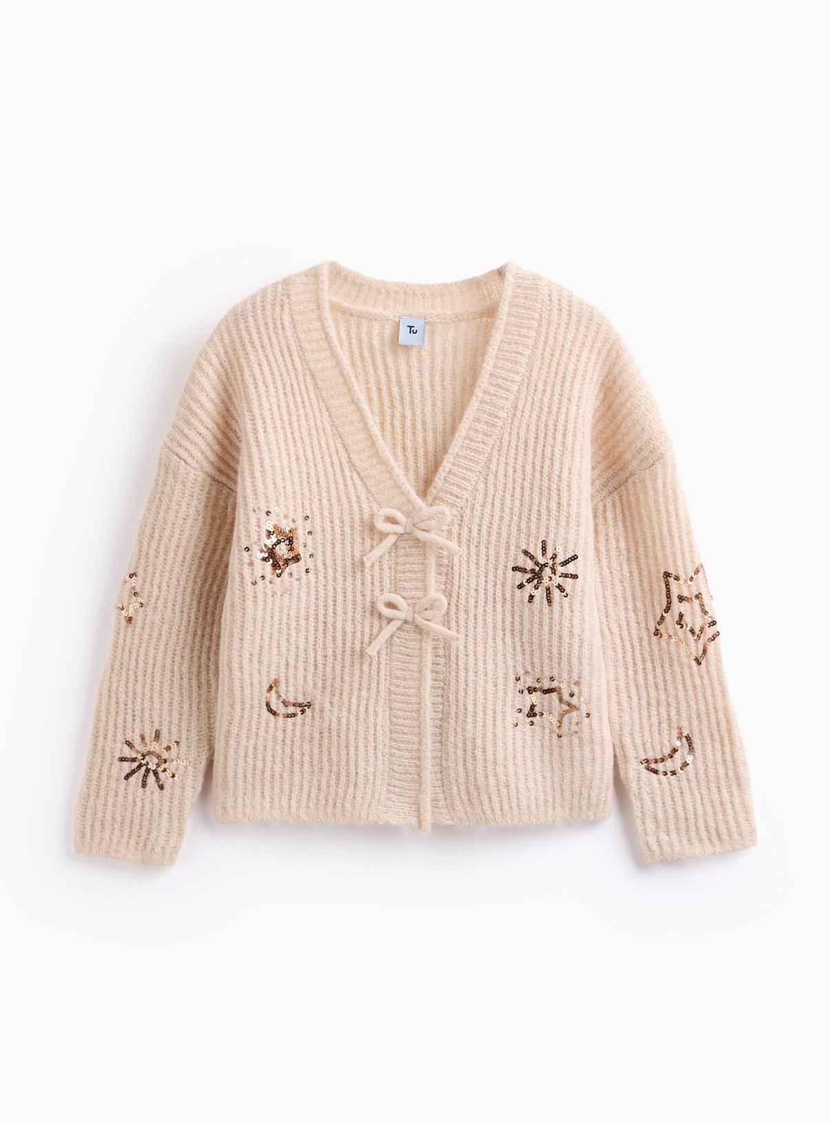 Cream Sequinned Bow Front Knitted Cardigan 12 years