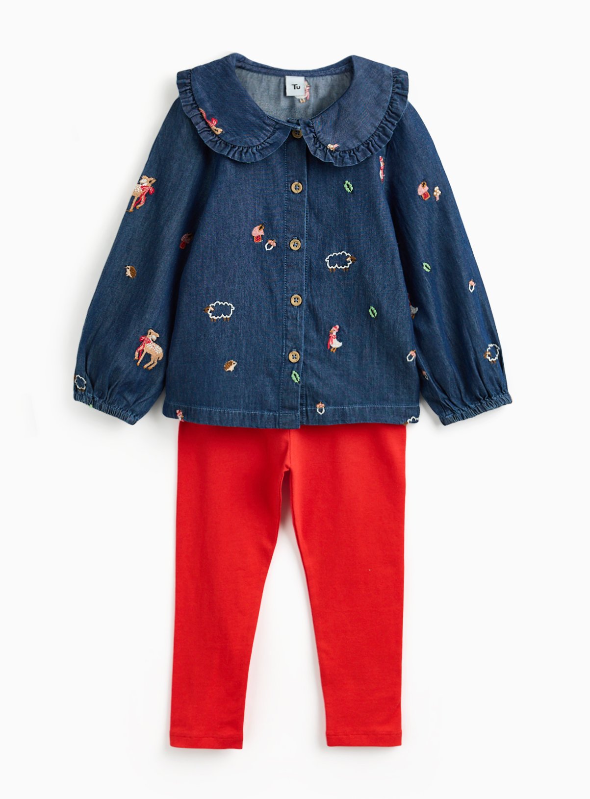 Forest Embroidered Denim Blouse & Leggings Set 