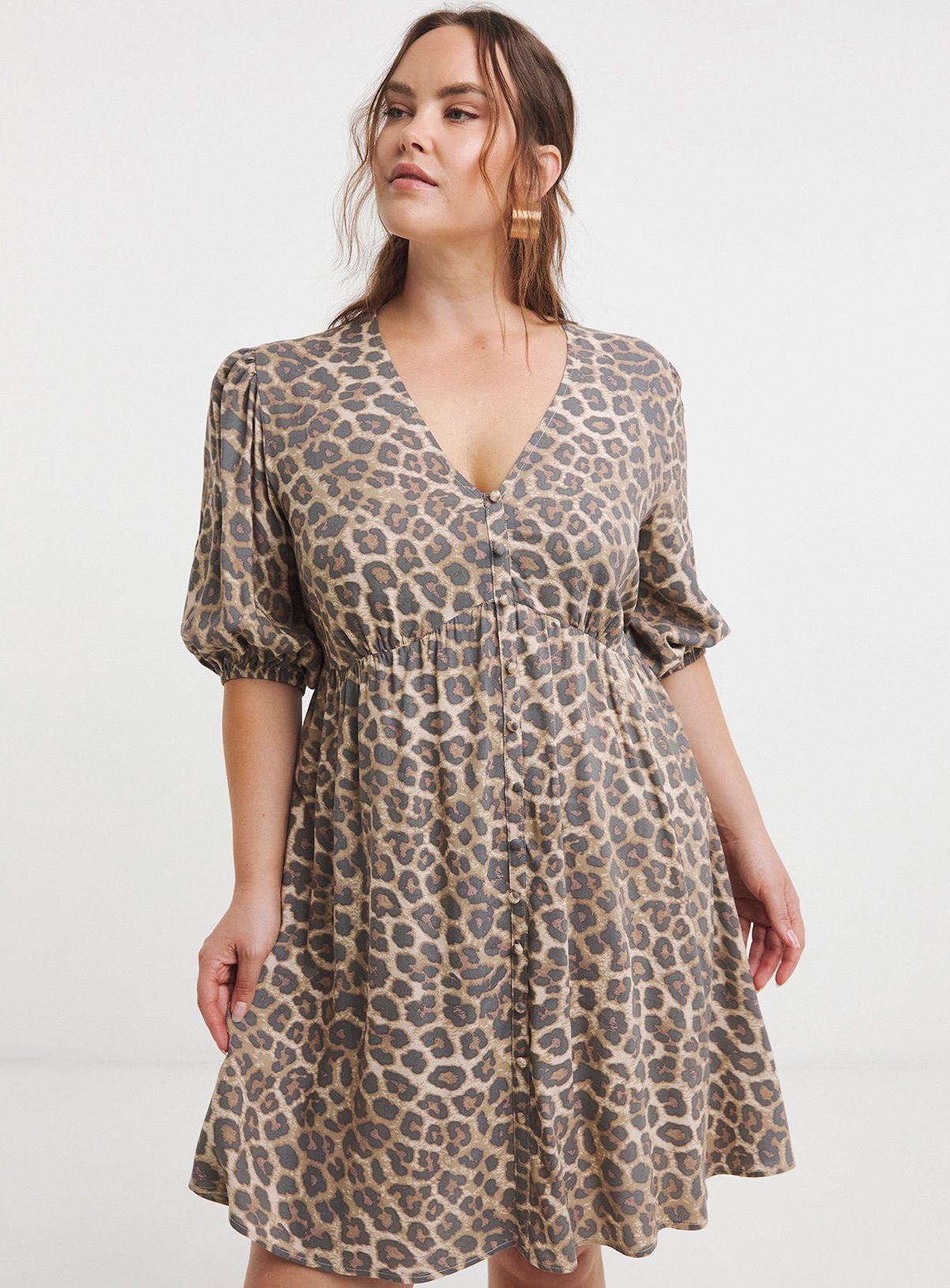 SIMPLY BE Spun Viscose Button Through Skater Leopard Dress 