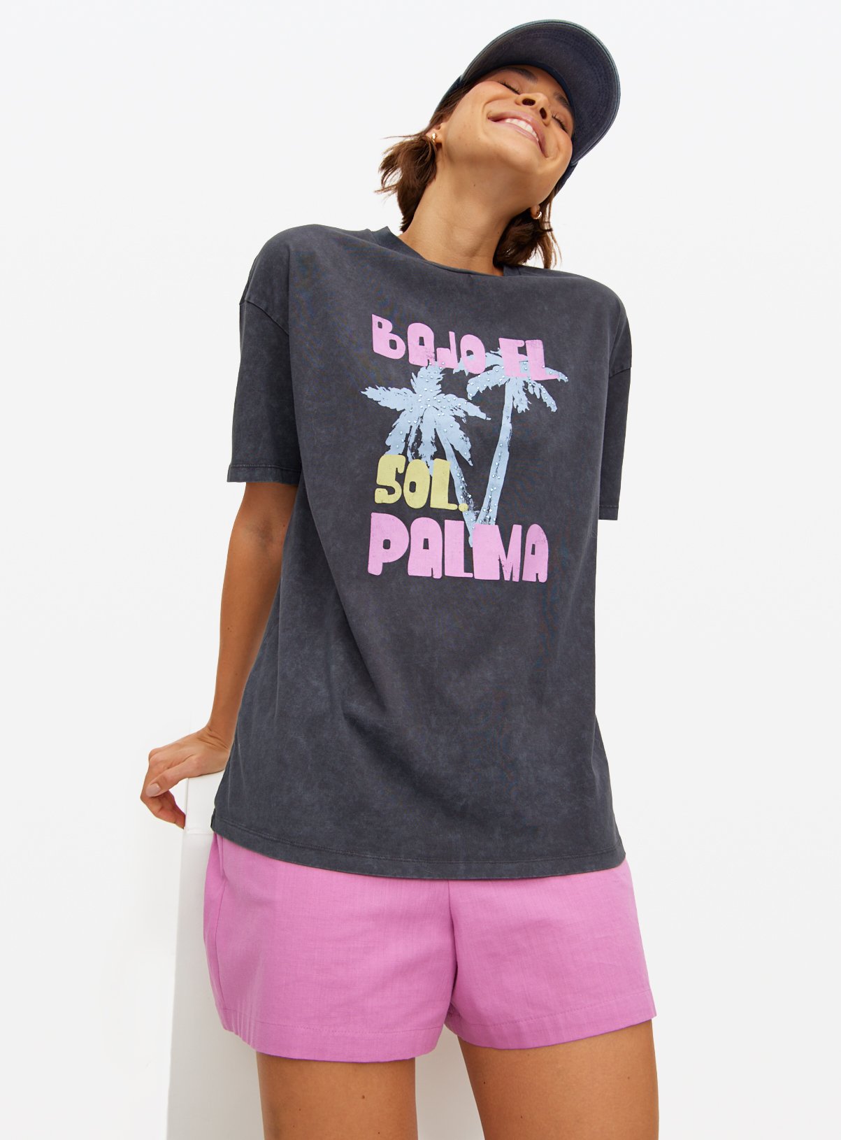 Charcoal Washed Graphic Oversized T-Shirt L