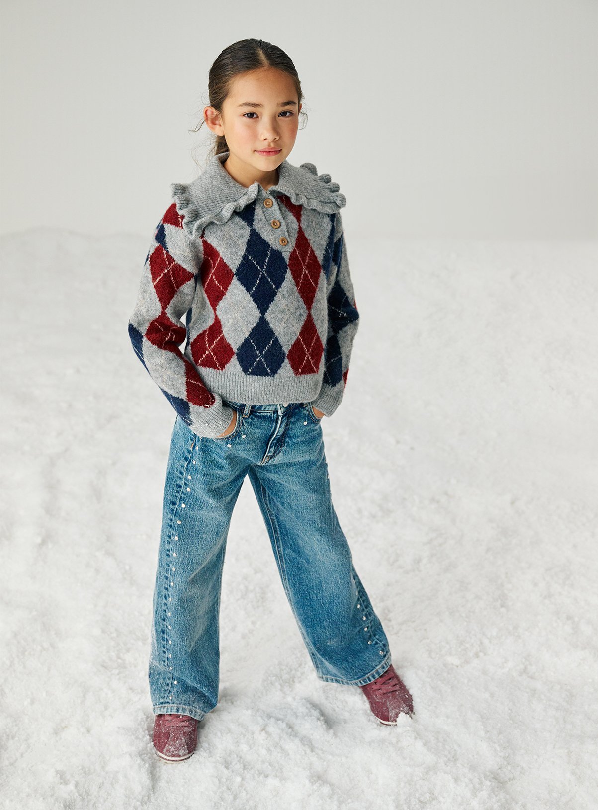 Grey Argyle Frill Collared Jumper 