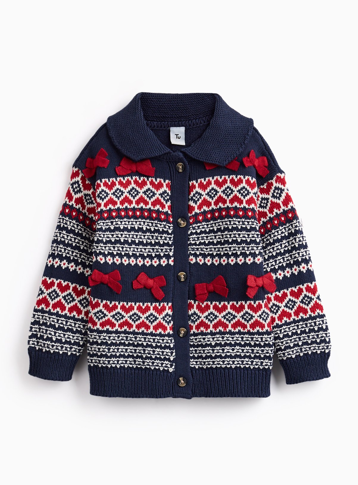 Navy Fairisle Bows Collared Chunky Knit Cardigan 