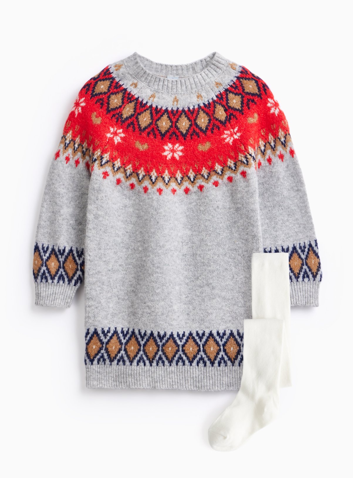 Grey Fairisle Red Knitted Dress With Tights Set 