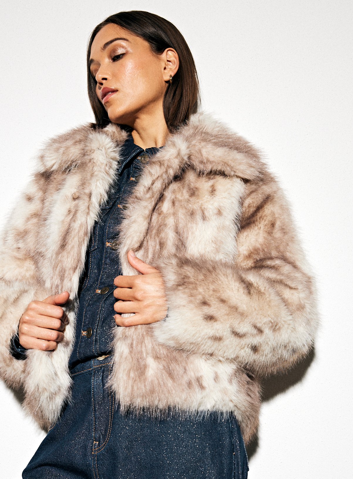 Neutral Faux Fur Boxy Leopard Jacket S