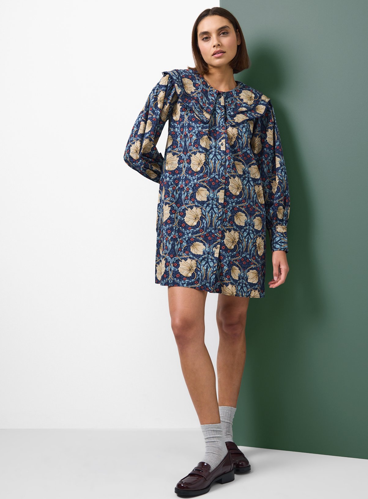 Tu x Morris & Co. Navy Pimpernel Print Poplin Dress 