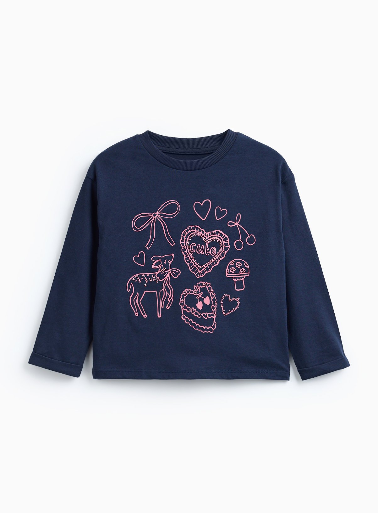 Navy Cute Illustrations Print Long Sleeve T-Shirt 