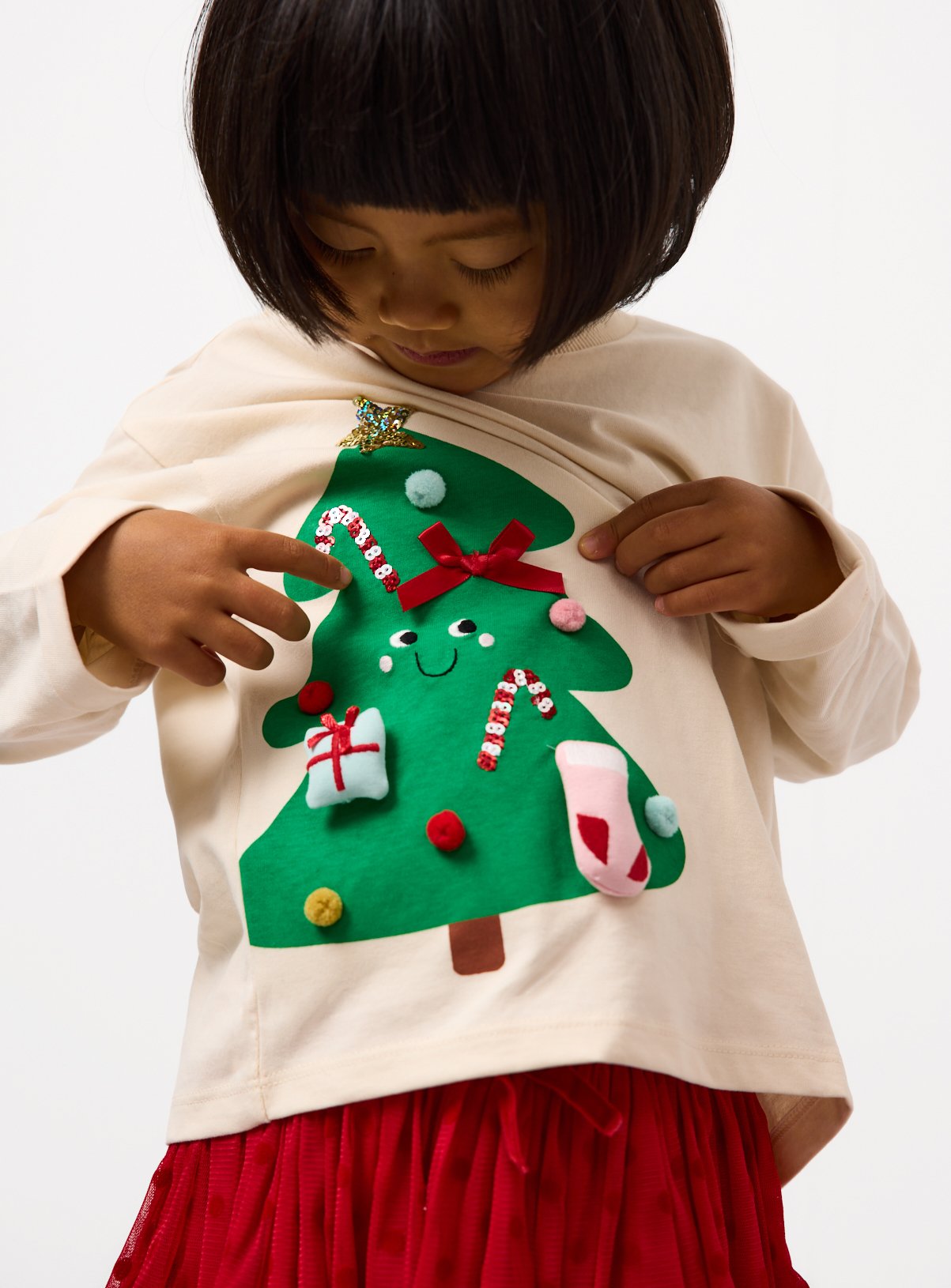 Cream Christmas Tree Long Sleeve T-Shirt 