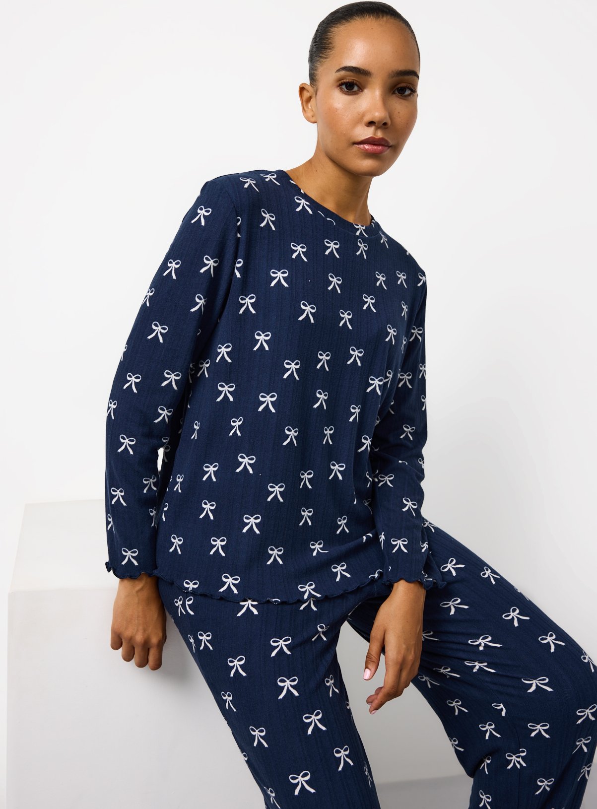 Navy Bow Printed Pointelle Pyjamas M
