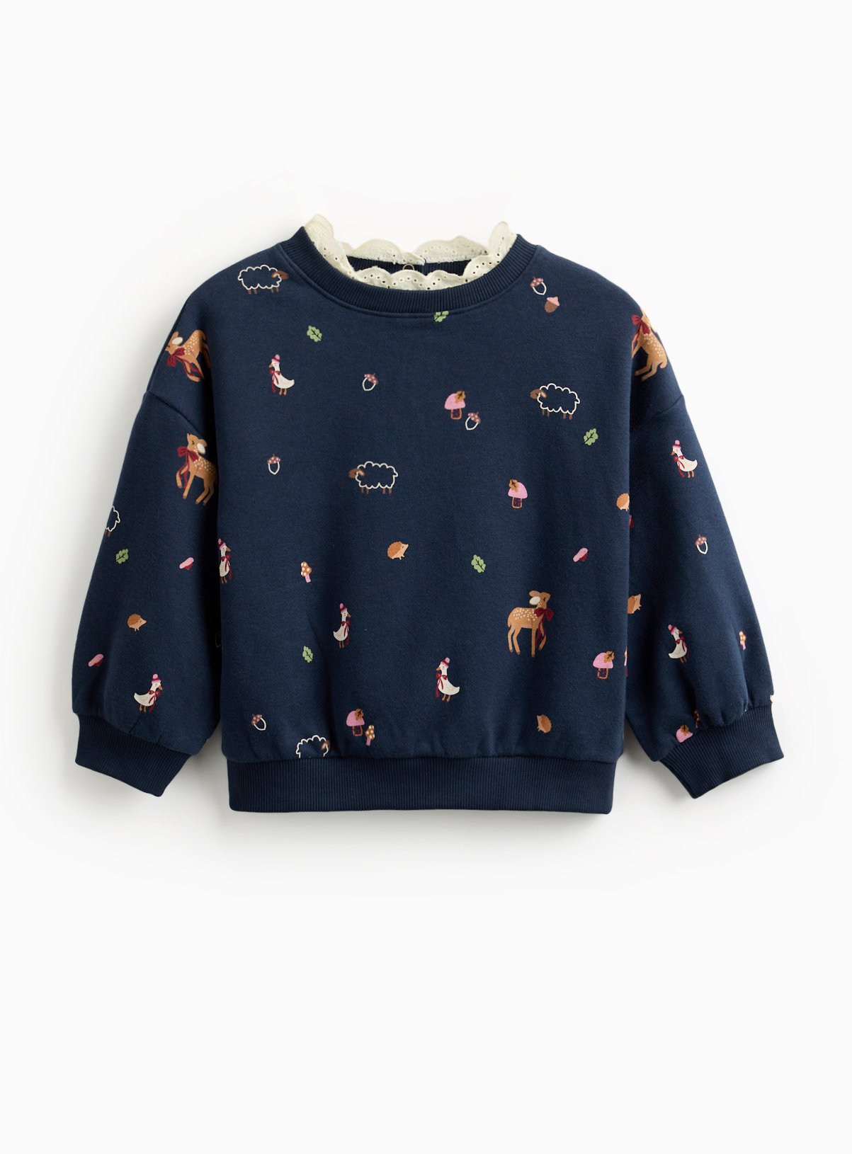 Navy Forest Print Lace Trim Sweatshirt