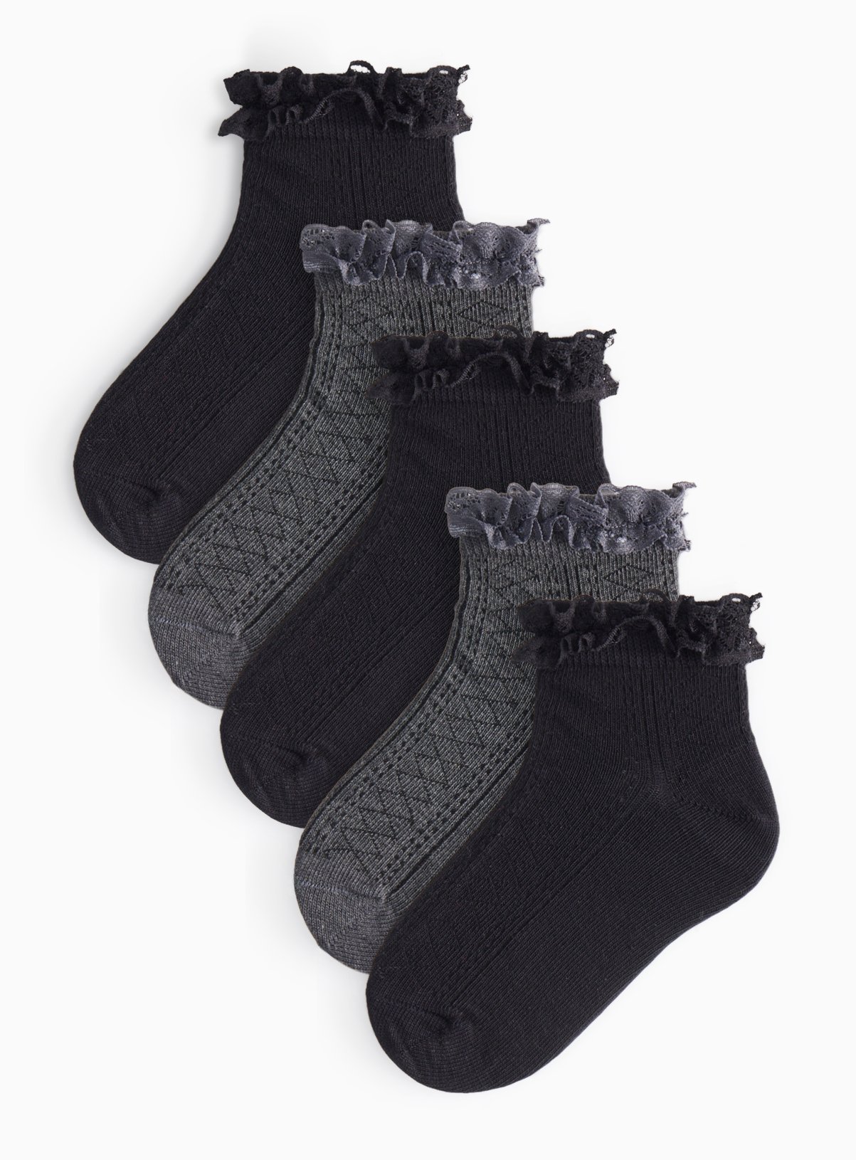 Black & Grey Lace Trim Socks 5 Pack 