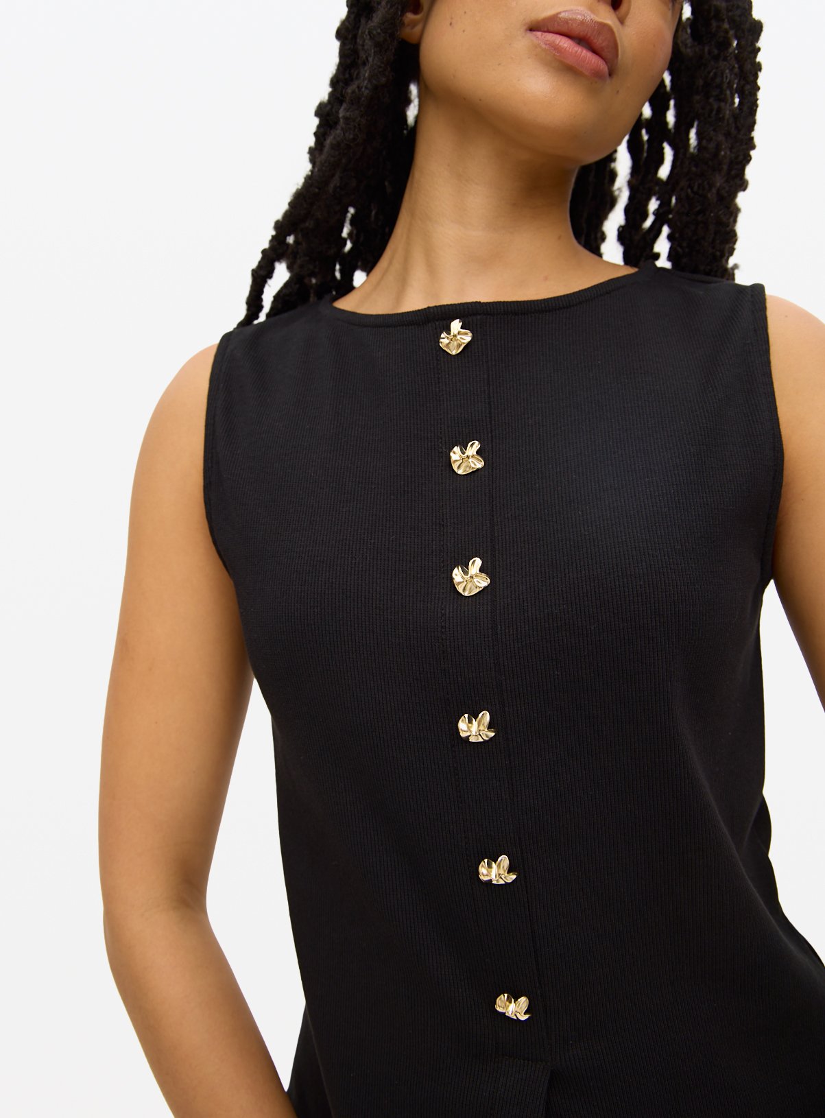 Button Boat Neck Sleeveless Top 