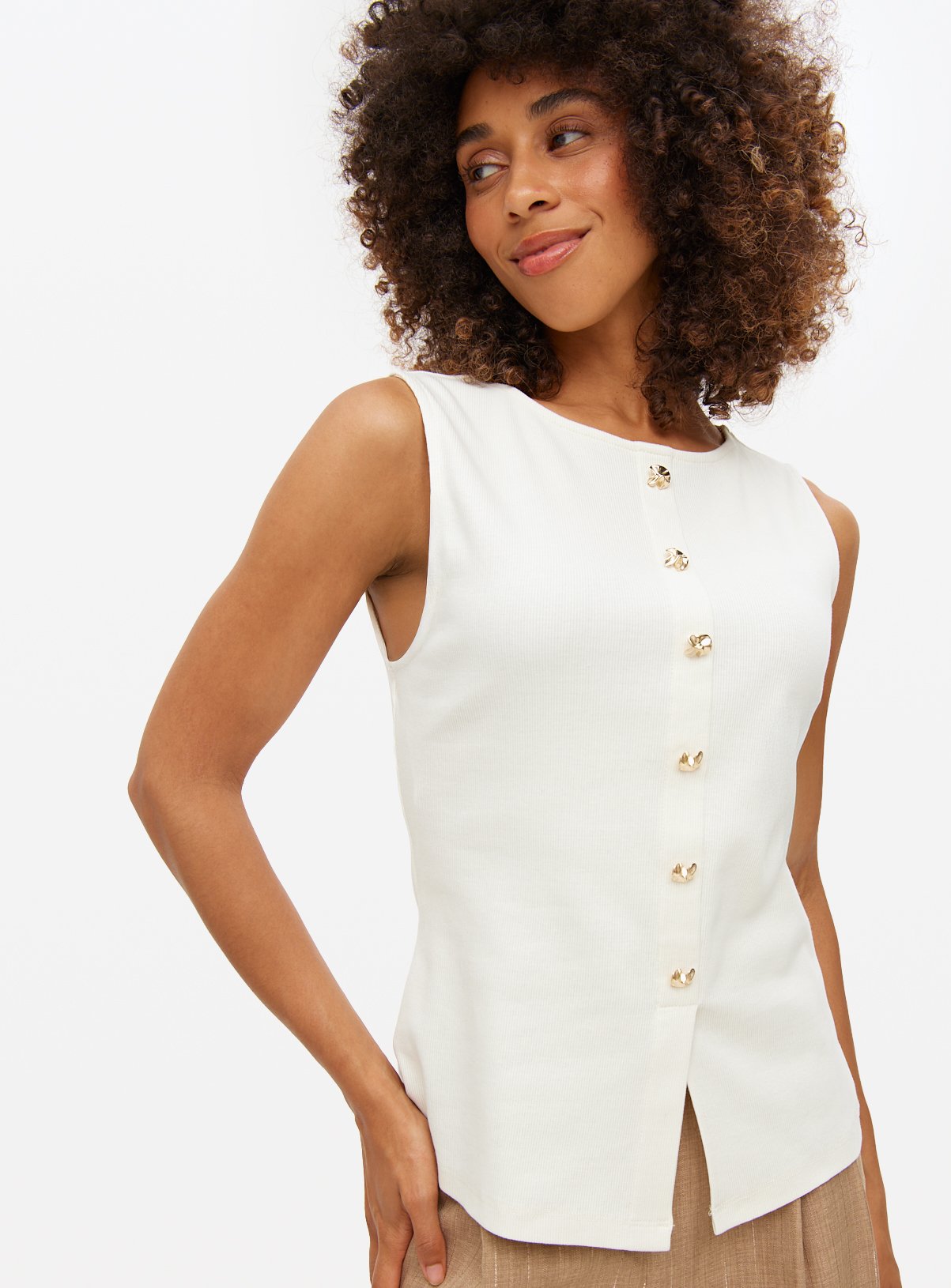 Button Boat Neck Sleeveless Top 