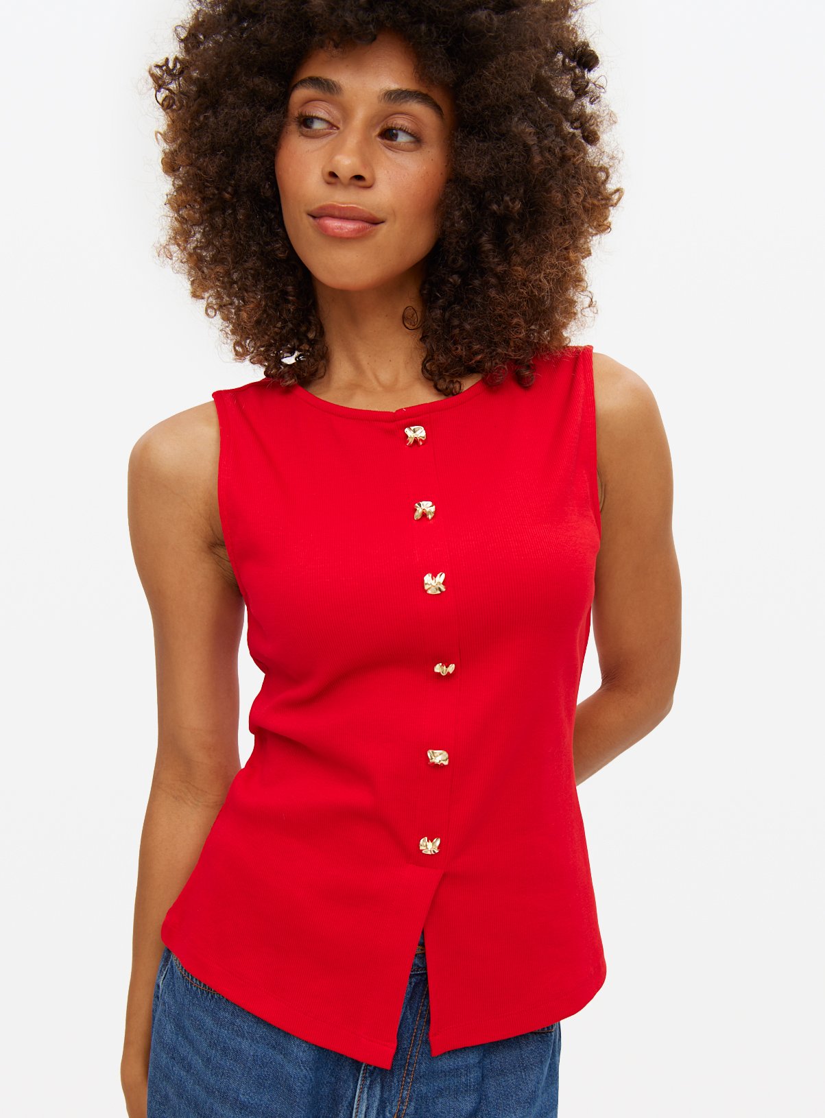 Button Boat Neck Sleeveless Top 