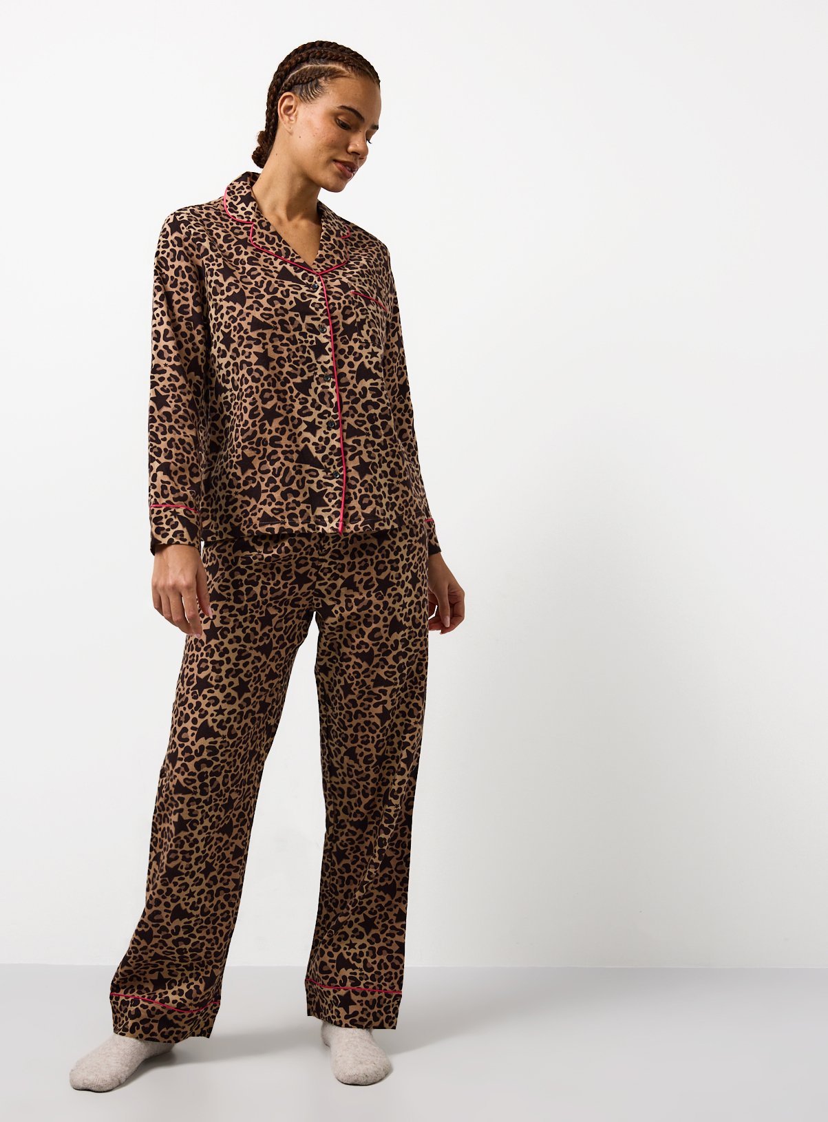 Brown Animal Print Brushed Cotton Traditional Pyjama Set