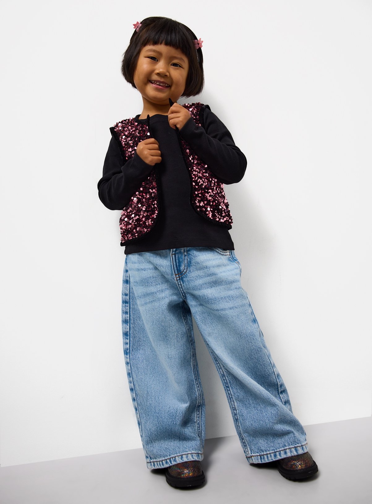 Black Ribbed Long Sleeve Top & Pink Sequin Waistcoat 