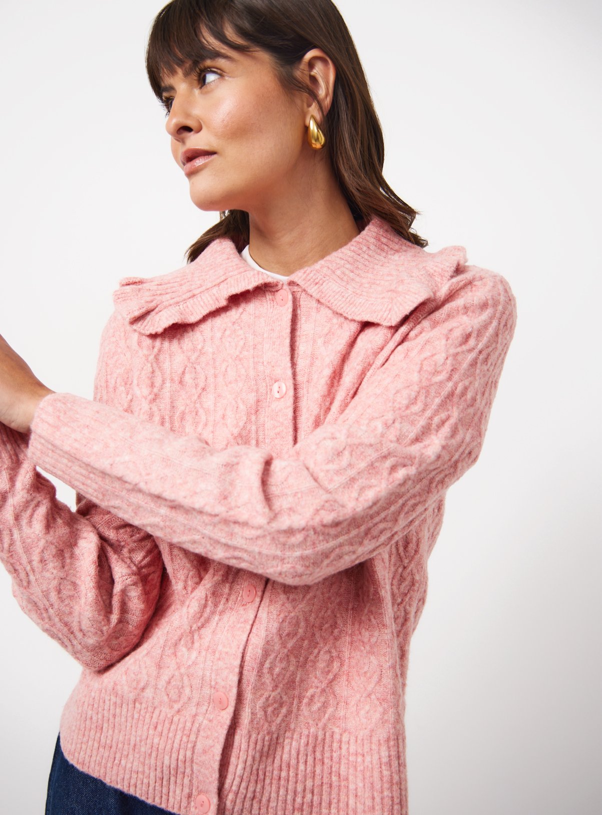 Pink Frill Collared Cable Knit Cardigan 16