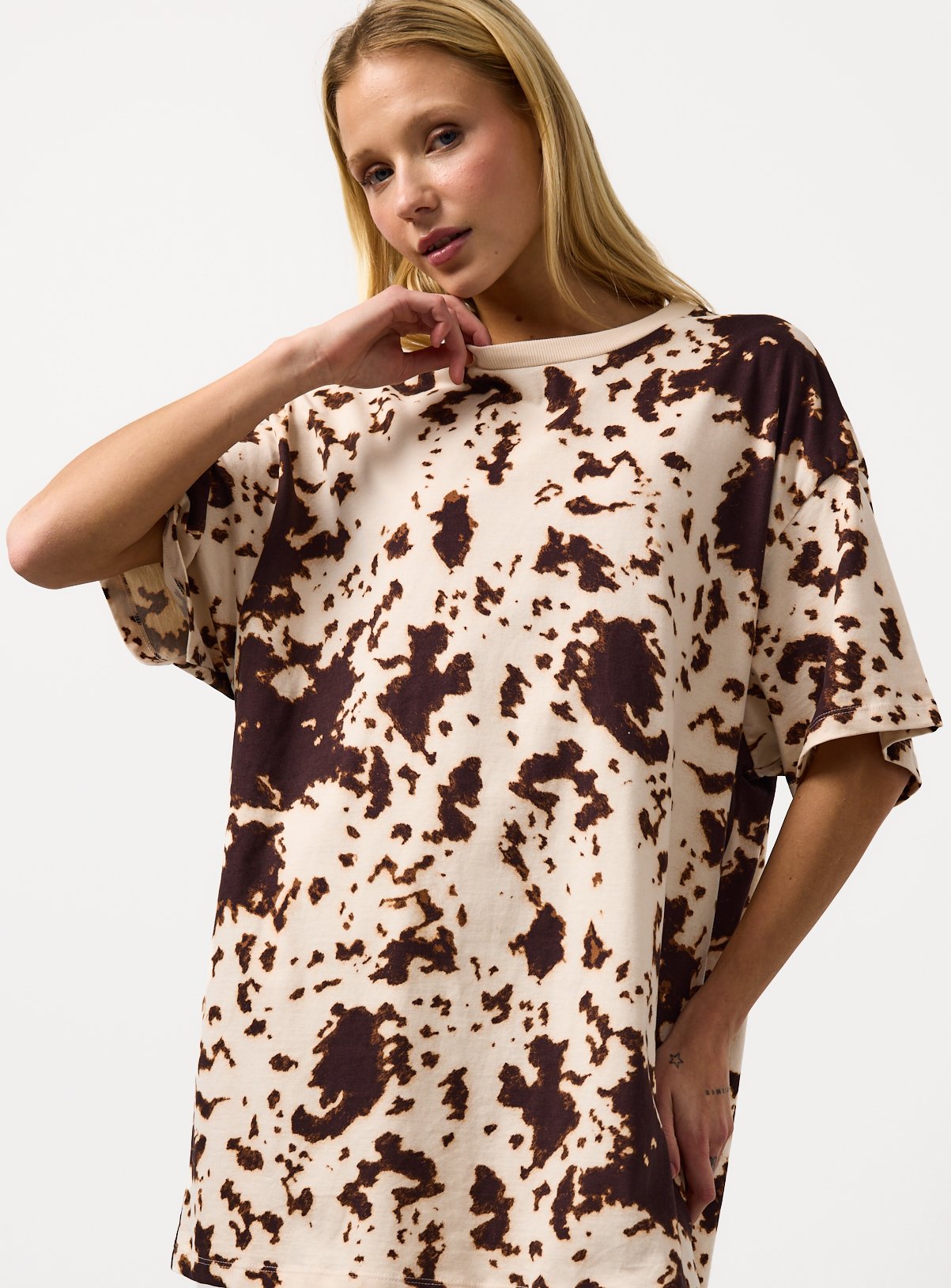 Brown Cow Print Oversized Sleep Tee