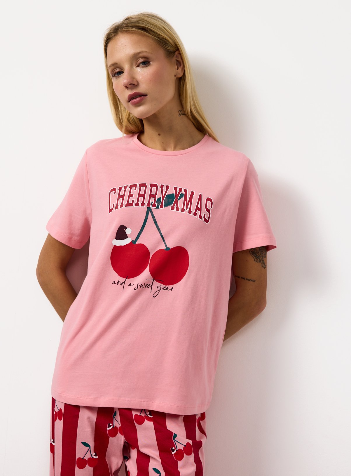 Pink Cherry Xmas Slogan Printed Jersey Pyjamas S
