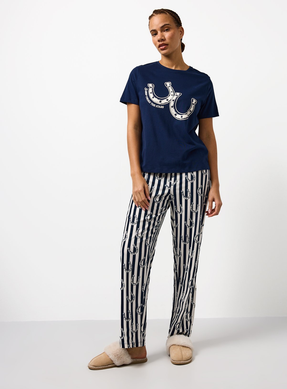 Navy Horseshoe Stripe Jersey Short Sleeve Pyjama Set 