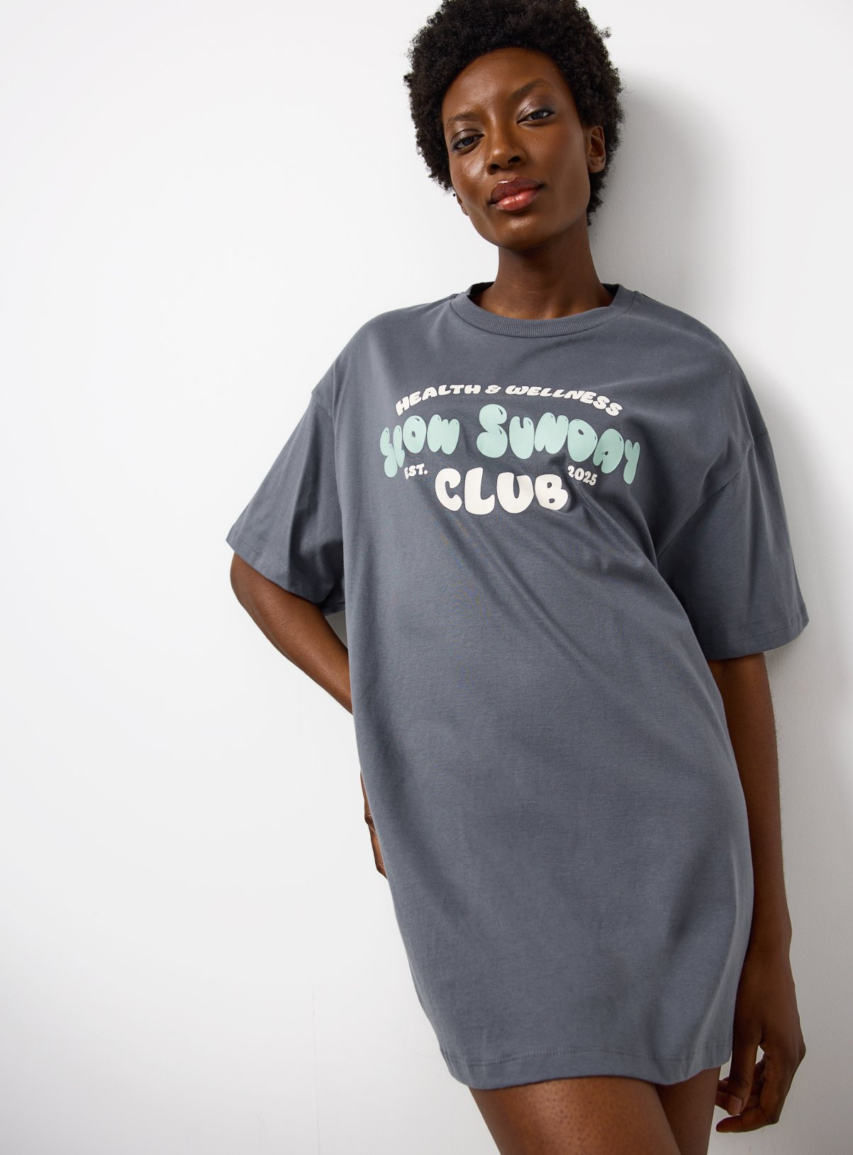 Charcoal Wellness Slogan Print Oversized Sleep Tee