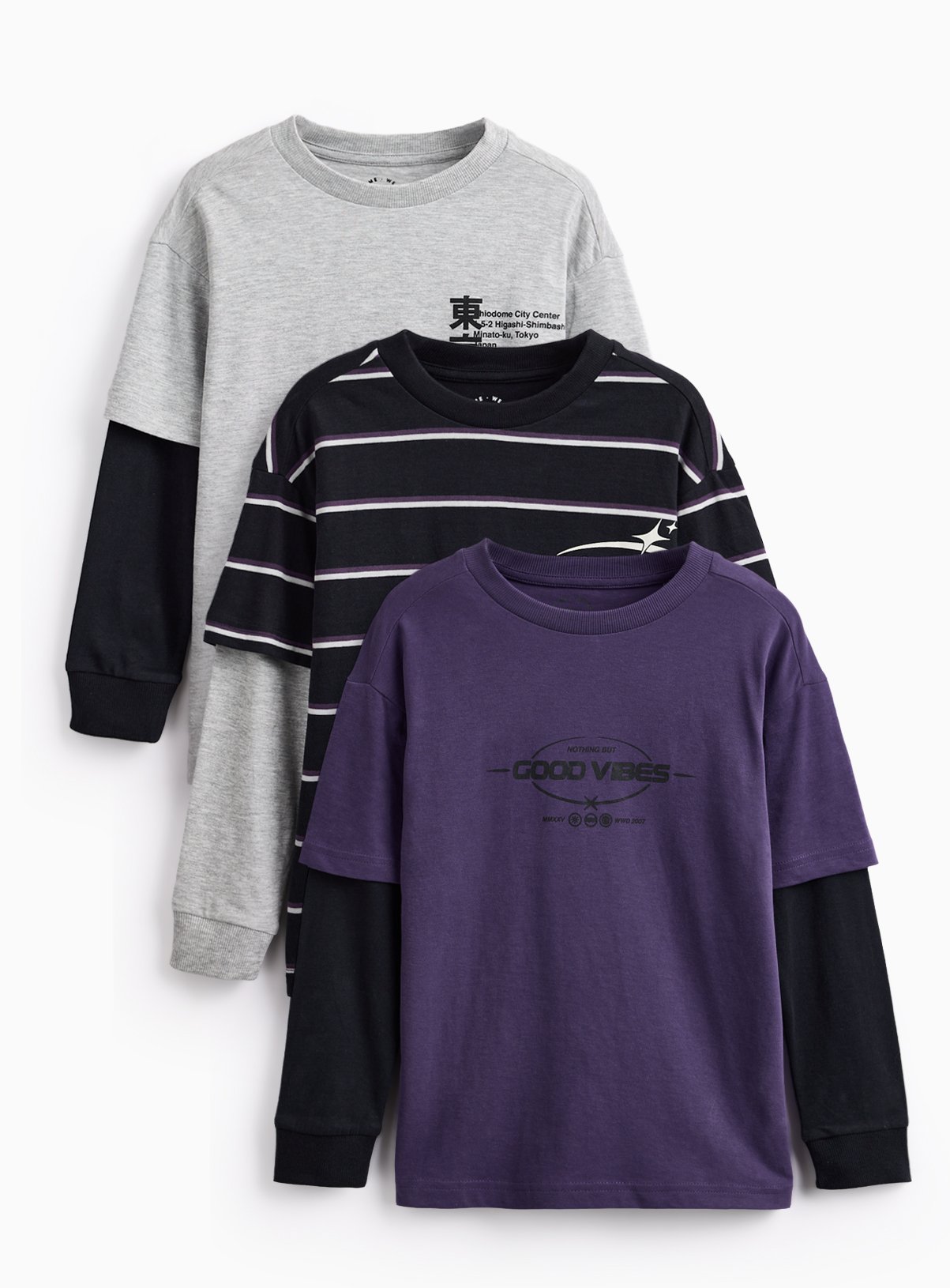 Printed Mock Sleeve T-Shirt 3 Pack 