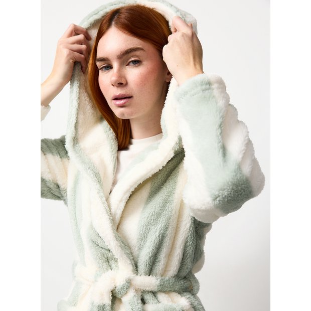 green emerald velvet dress Fleece Stripe Hooded Dressing Gown