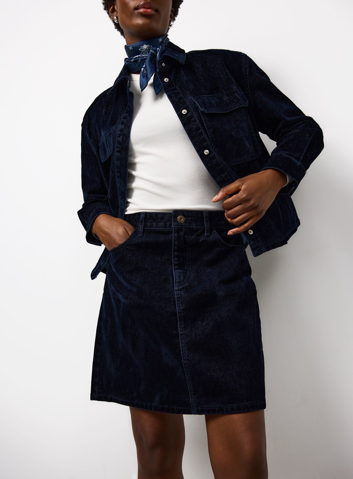 Flocked Velvet Denim Mini Skirt 
