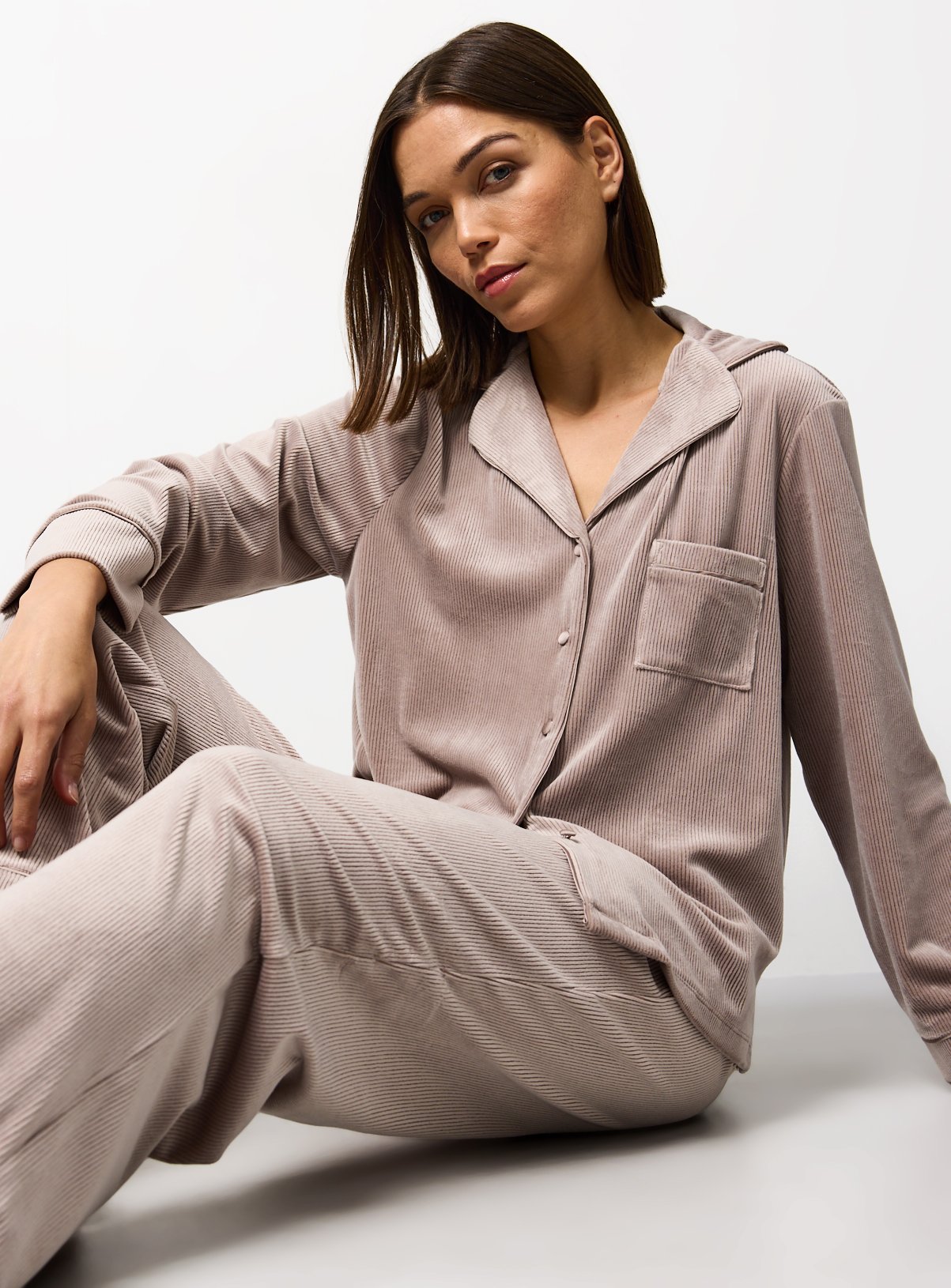 Mink Ribbed Velour Traditional Pyjama Set