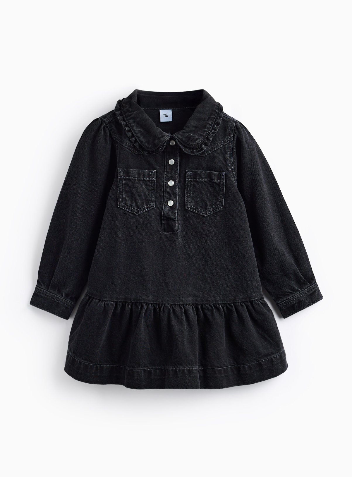 Black Denim Collared Peplum Hem Dress