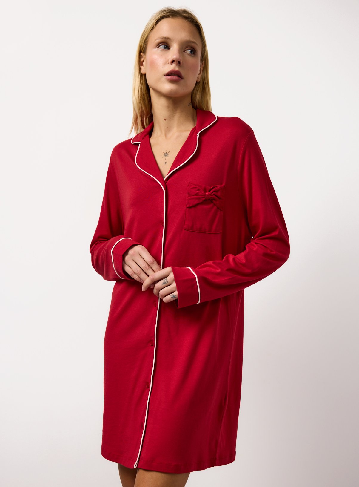 Red Modal Blend Bow Pocket Night Shirt 