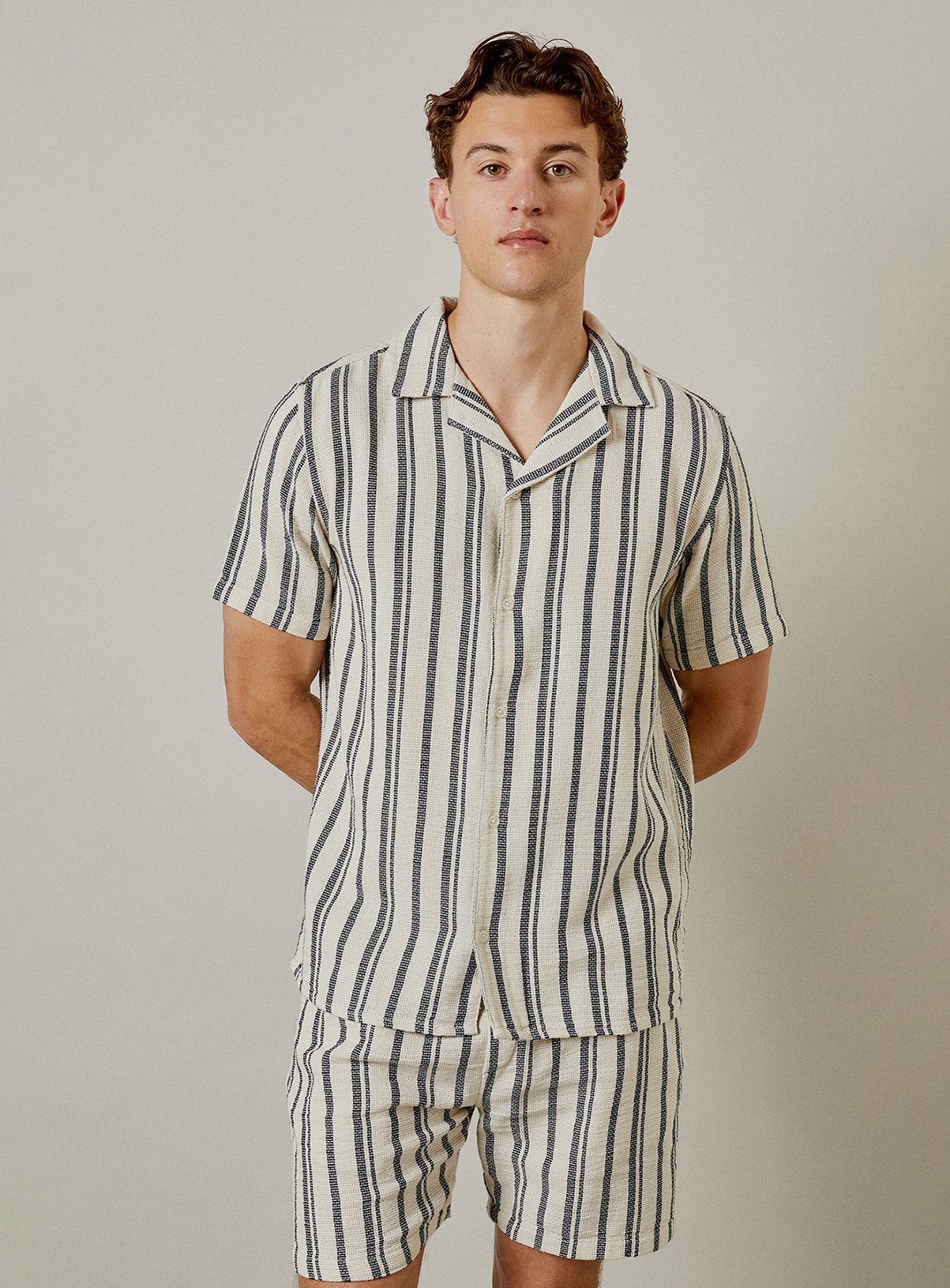 BURTON Off White Textured Stripe Revere Short Sleeve Shirt 