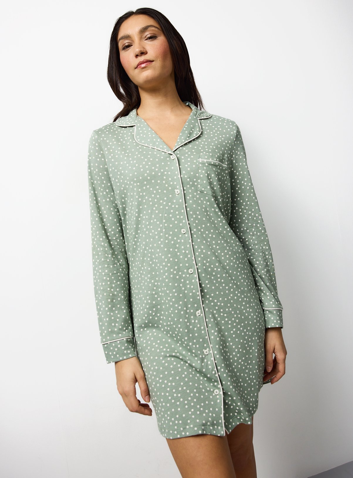 Sage Green Spotted Printed Modal Night Shirt 