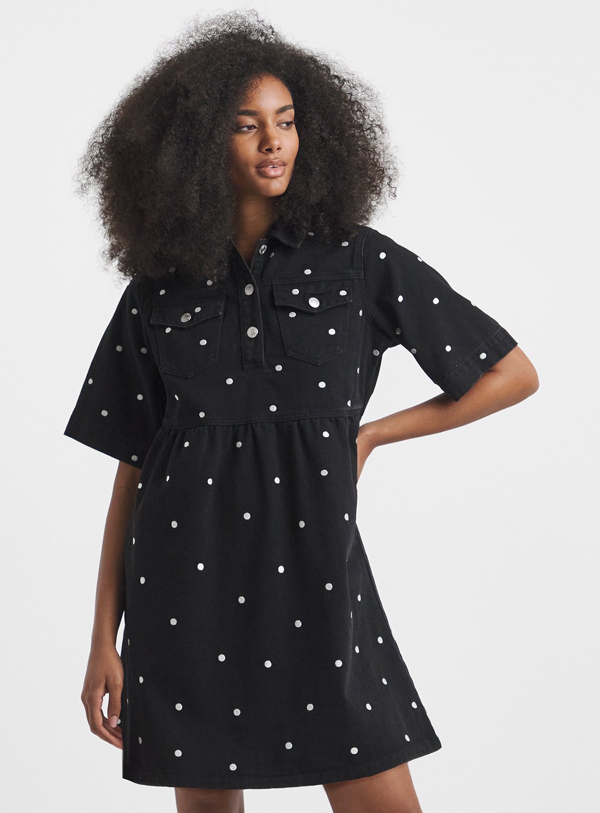 SIMPLY BE Mono Embroidered Spot Denim Mini Dress 