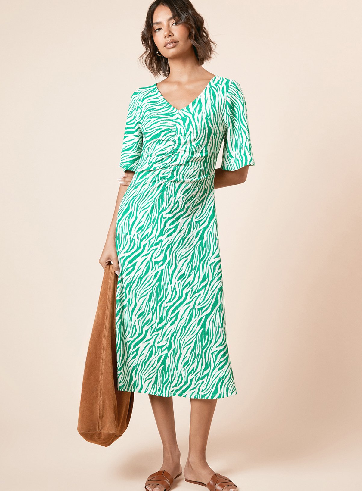 DOROTHY PERKINS Zebra Angel Sleeve Ruched Front Midi Dress 