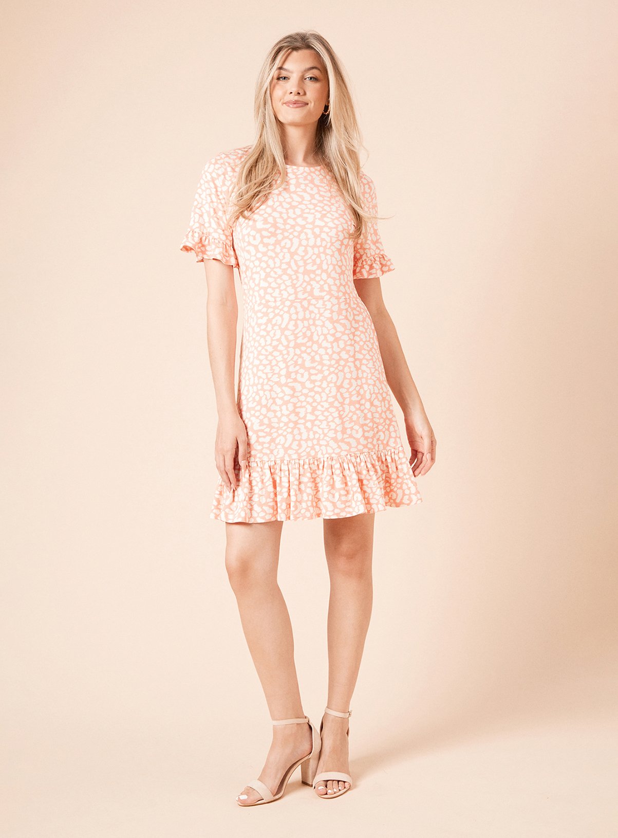 DOROTHY PERKINS Coral Animal Short Sleeve Frill Hem Mini Dress