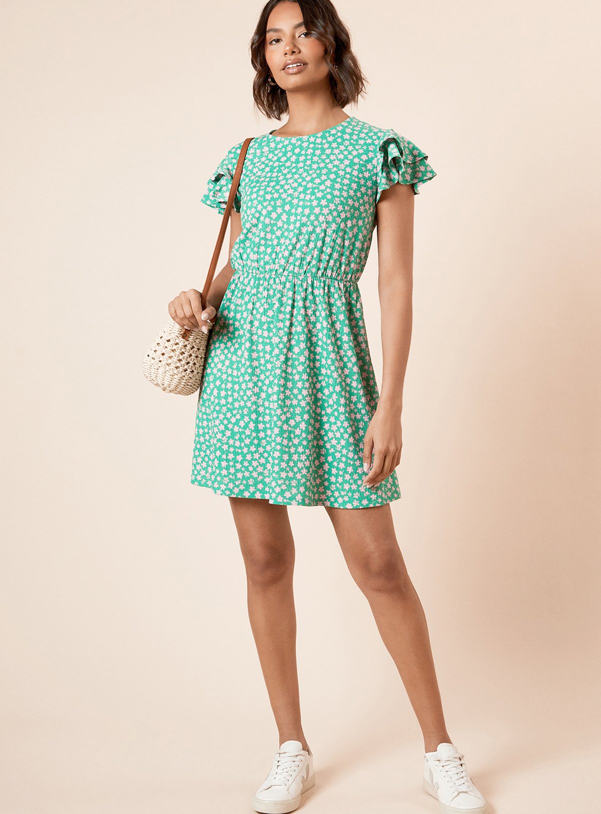 DOROTHY PERKINS Green Ditsy Double Angel Sleeve Mini Dress