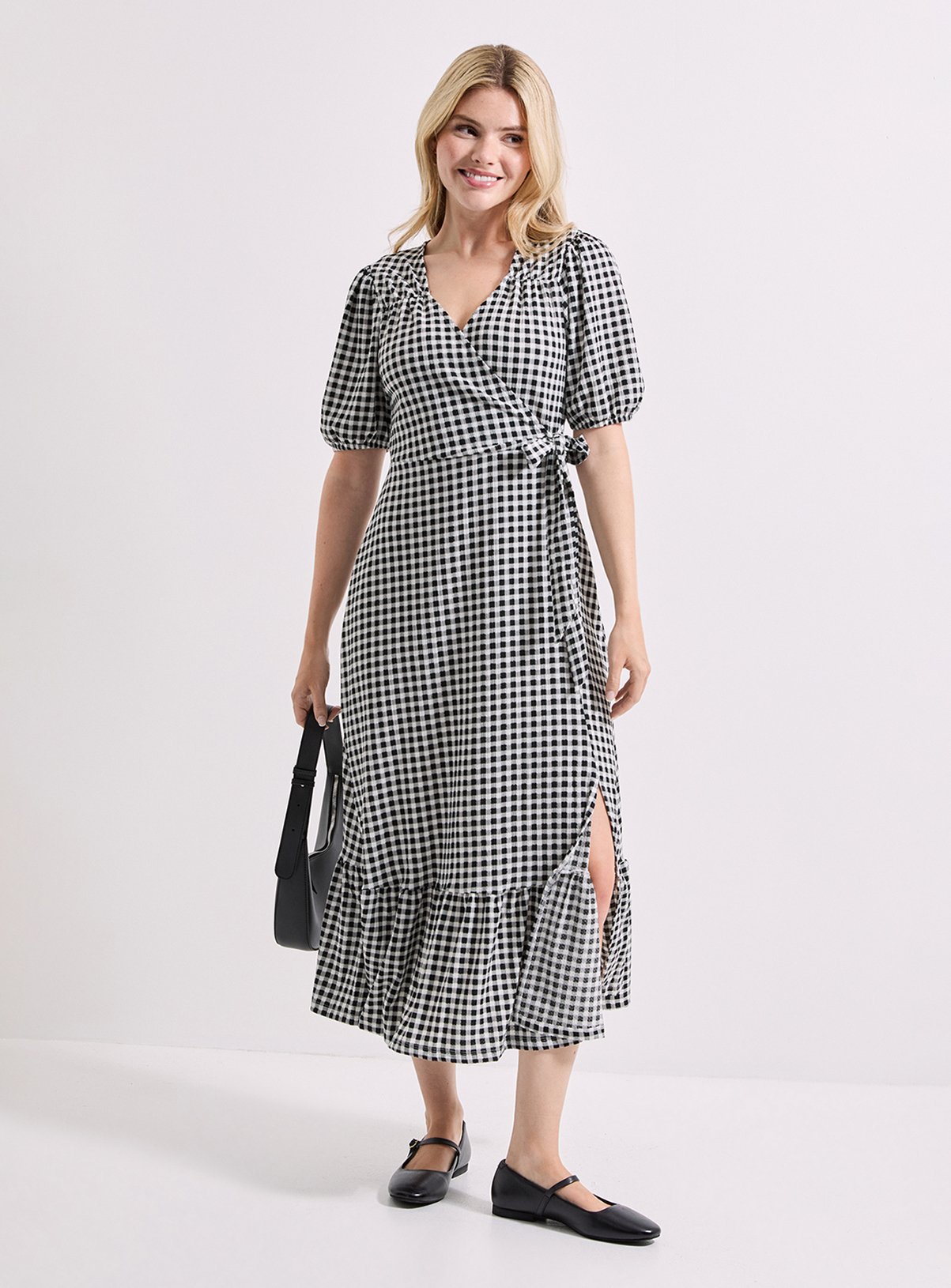 DOROTHY PERKINS Gingham Puff Sleeve Wrap Front Midi Dress 