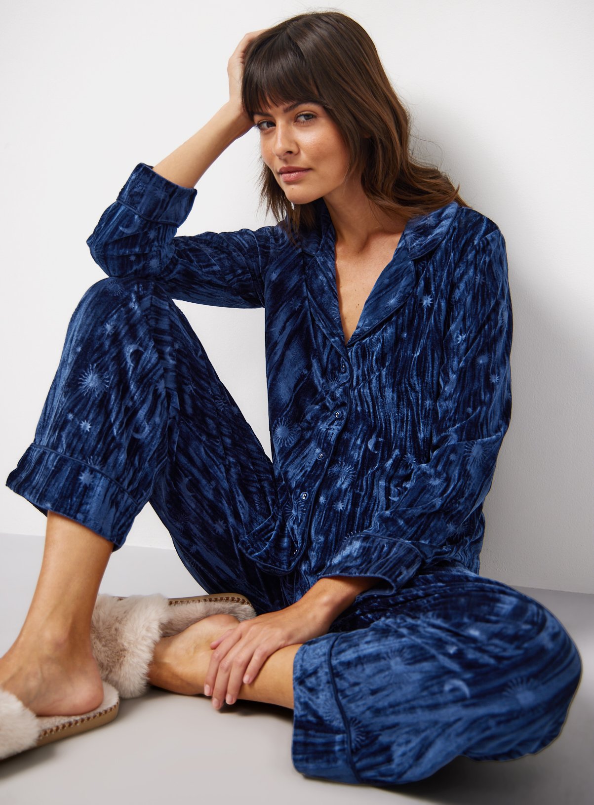 Navy Embossed Crinkle Velour Traditional Pyjamas 