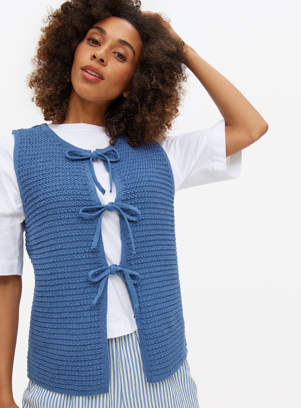 Blue Waffle Textured Tie Front Waistcoat L