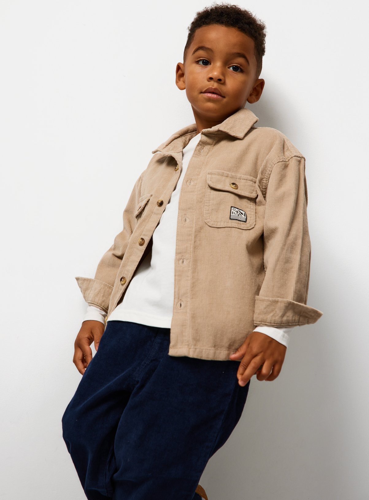 Beige Shirt With Waffle Top And Blue Corduroy Trousers 