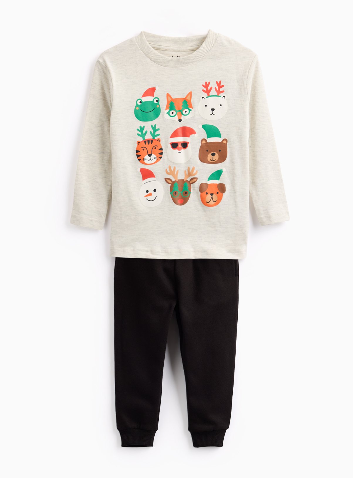 Christmas Faces Printed T-Shirt & Black Joggers Set  