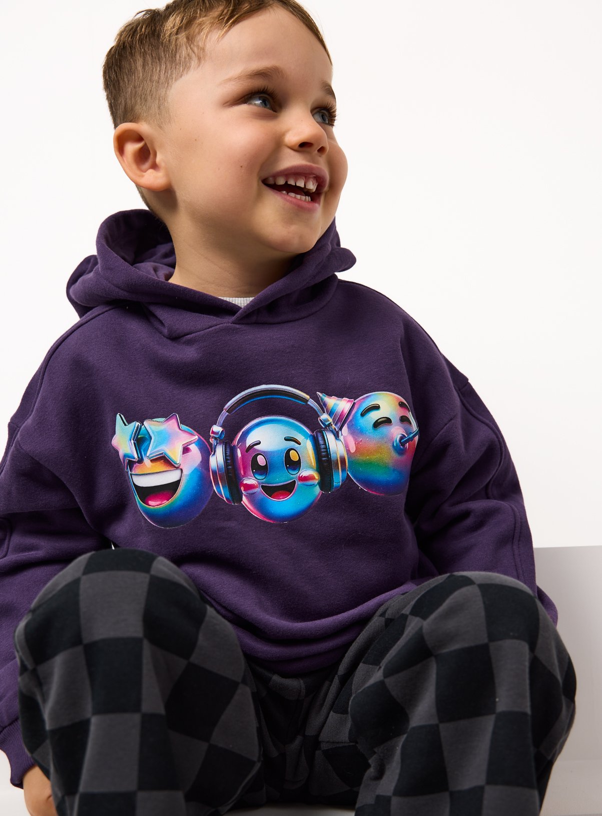 Purple Graphic Print Hoodie & Grey Chequered Joggers  