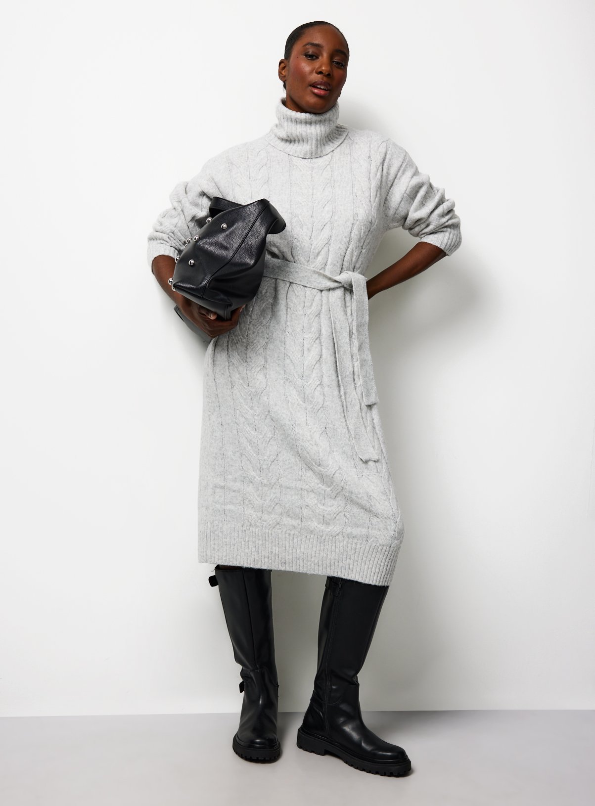 Grey Cable Knitted Belted Dress XS