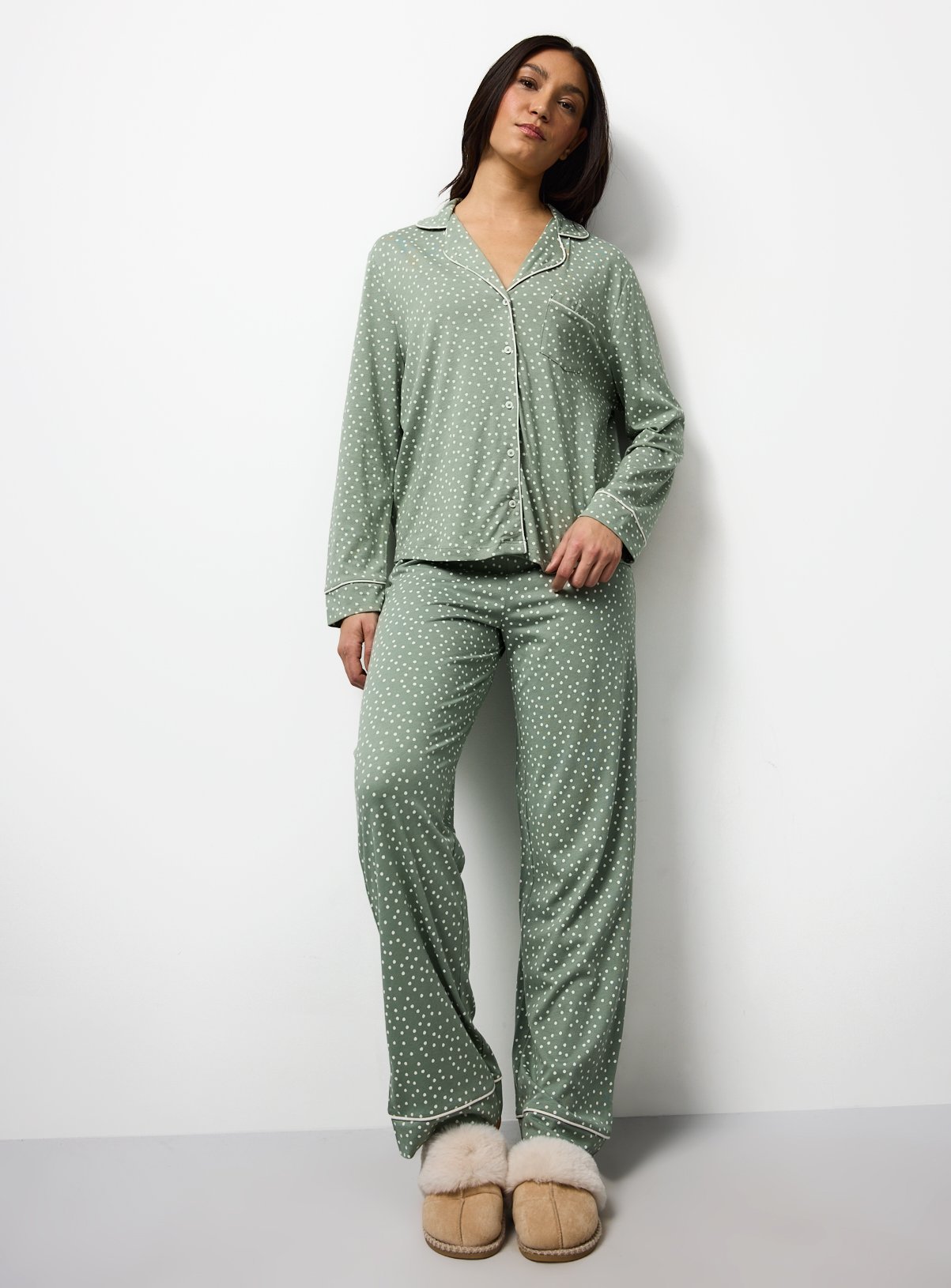 Sage Green Spotted Print Modal Blend Traditional Pyjamas 