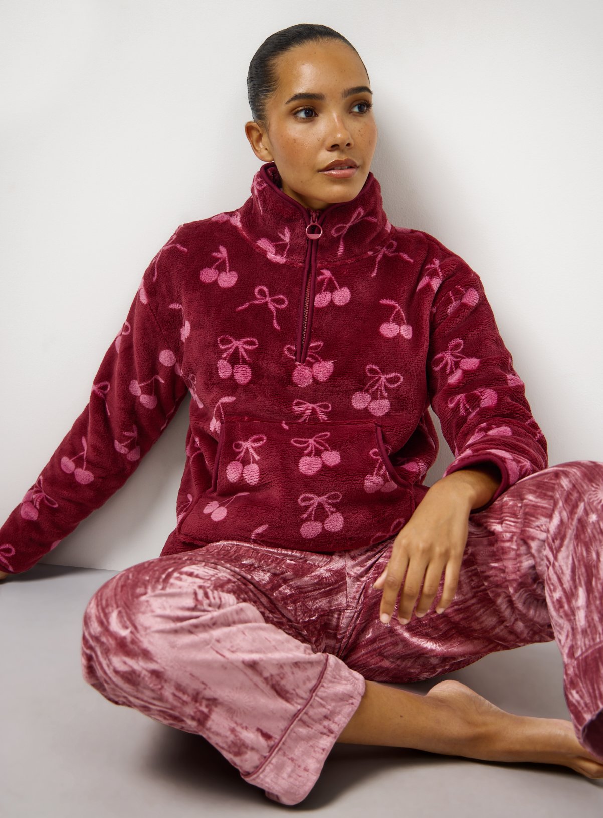Burgundy Cherries Plush Quarter Zip Pyjama Top XL