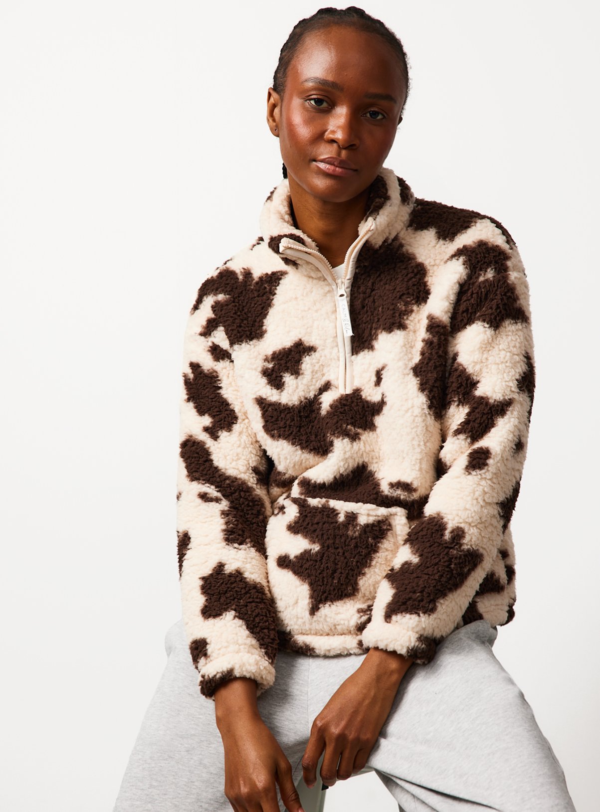 Brown Cow Print Borg Half Zip Pyjama Top 